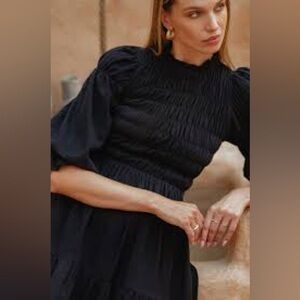 🖤 Tach Black Smocked Ruffle Midi Dress XS Cottagecore Romantic Boho Cotton Blend
